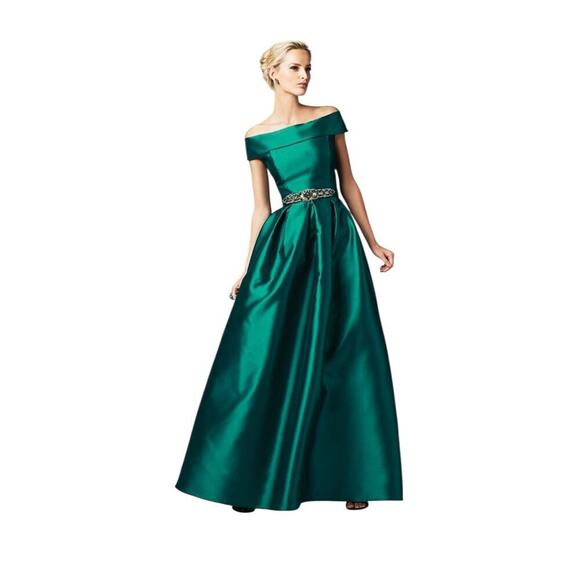 Eliza J Off-Shoulder Satin Gown - Emerald Green - Size 6. Embellished belt. - Picture 1 of 9